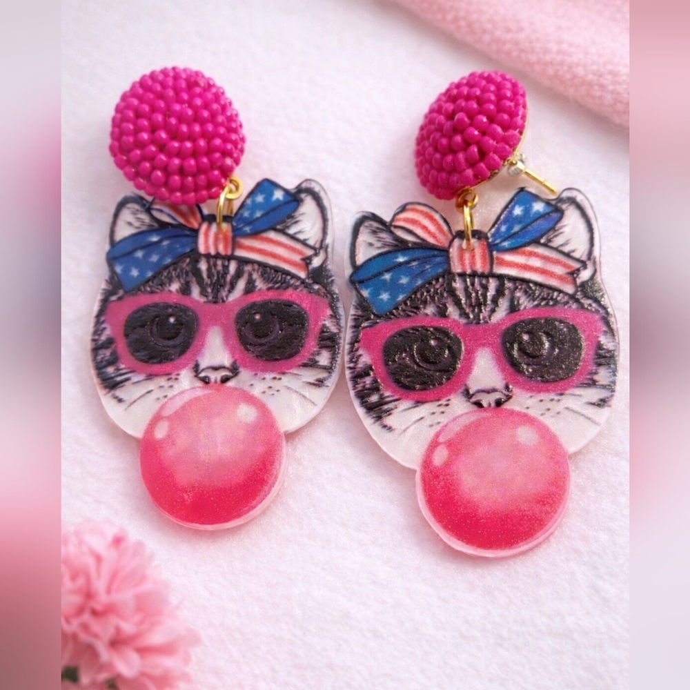 Pink Cat Bubblegum Statement Earrings Fun Novelty